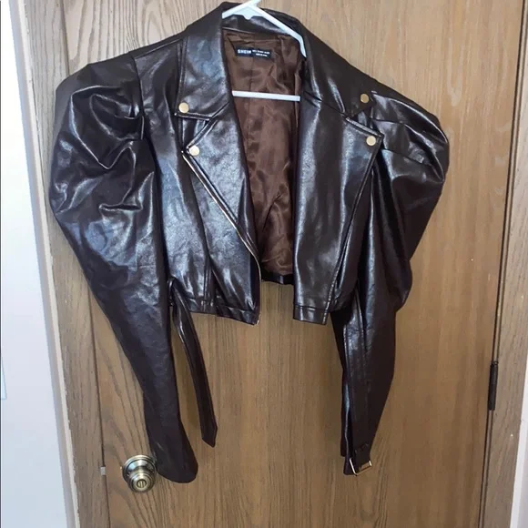 SHEIN Brown Cropped Faux Leather Jacket with Dramatic Sleeves - Picture 1 of 2